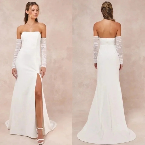Lulus Glorious Romance White Off-the-Shoulder Mermaid Maxi Dress Wedding Bride - Picture 1 of 12